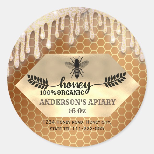 Glittery sparkle drips calligraphy honey branch classic round sticker (Front)