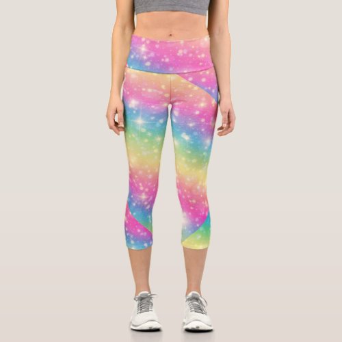 Glittery Sparkle Pastel Rainbow Mystical Fairytale Capri Leggings