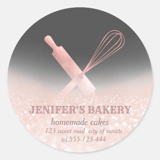 Glittery sparkle rolling pin & whisk chef bakery classic round sticker (Front)