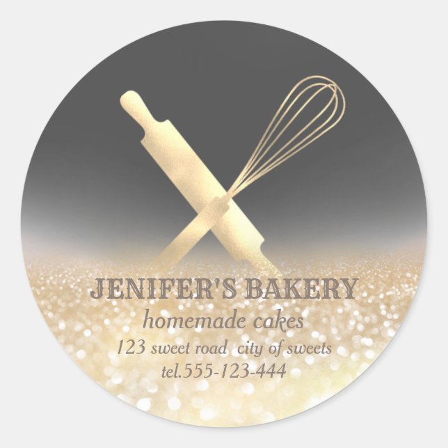 Glittery sparkle rolling pin & whisk chef bakery classic round sticker (Front)