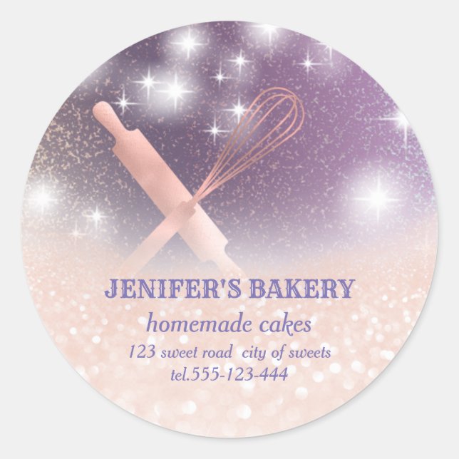 Glittery sparkle rolling pin & whisk chef bakery classic round sticker (Front)