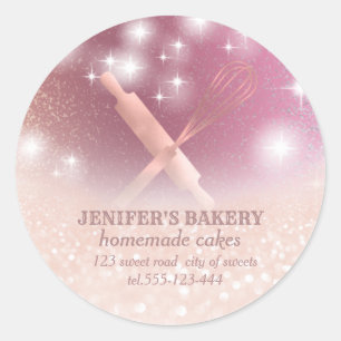 Glittery sparkle rolling pin & whisk chef bakery classic round sticker