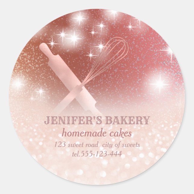 Glittery sparkle rolling pin & whisk chef bakery classic round sticker (Front)