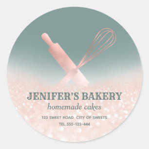 Glittery sparkle rolling pin & whisk chef bakery classic round sticker