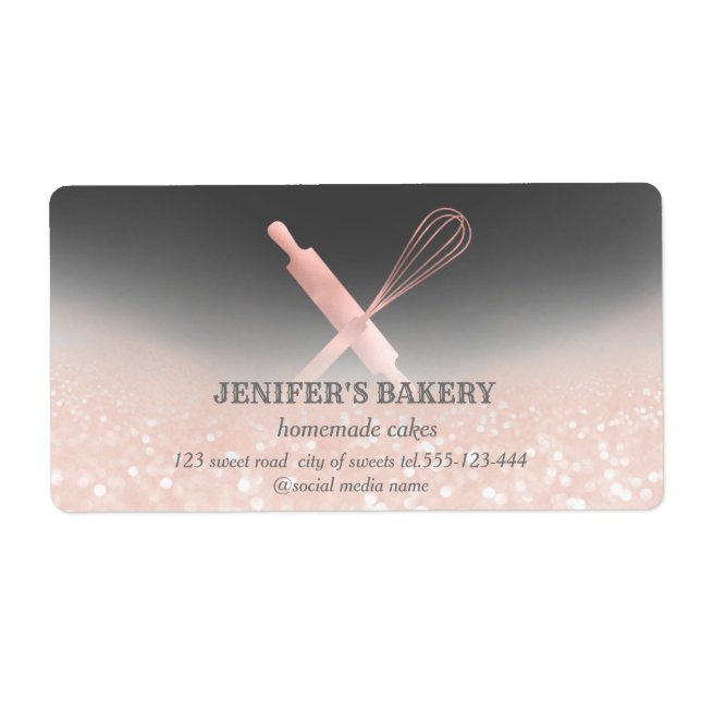 Glittery sparkle rolling pin & whisk chef bakery label (Front)