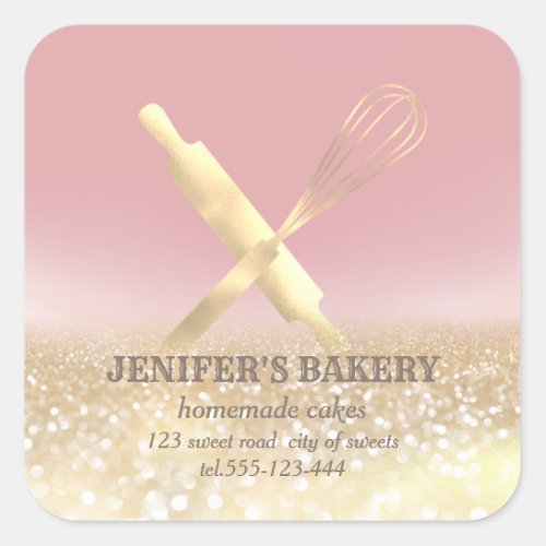 Glittery sparkle rolling pin  whisk chef bakery square sticker