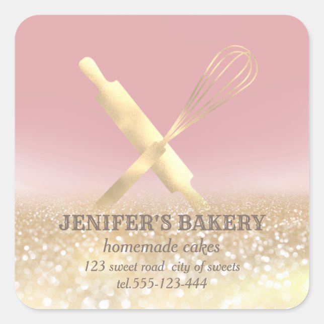 Glittery sparkle rolling pin & whisk chef bakery square sticker (Front)