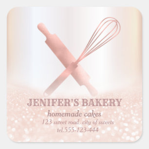 Glittery sparkle rolling pin & whisk chef bakery square sticker