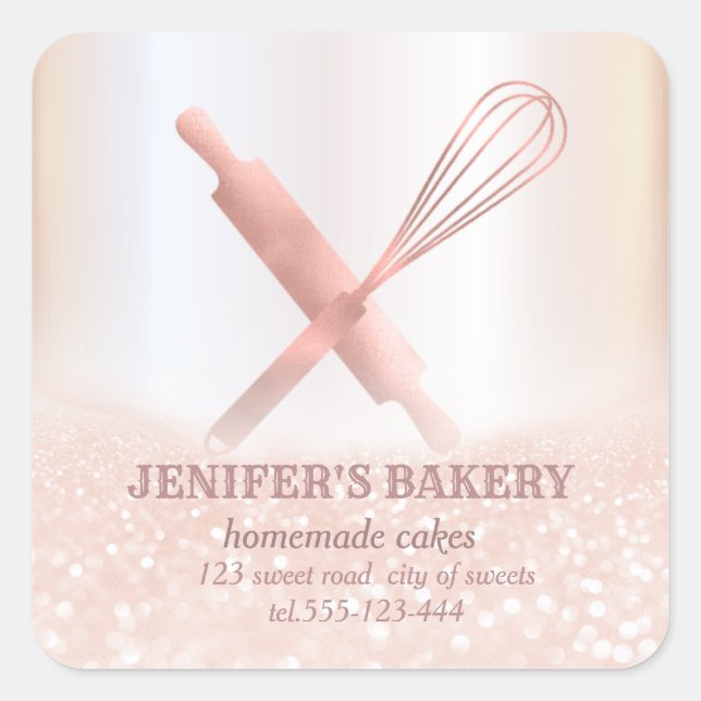Glittery sparkle rolling pin & whisk chef bakery square sticker (Front)
