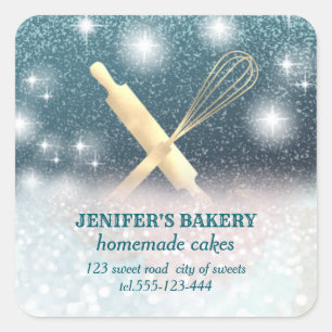 Glittery sparkle rolling pin & whisk chef bakery square sticker