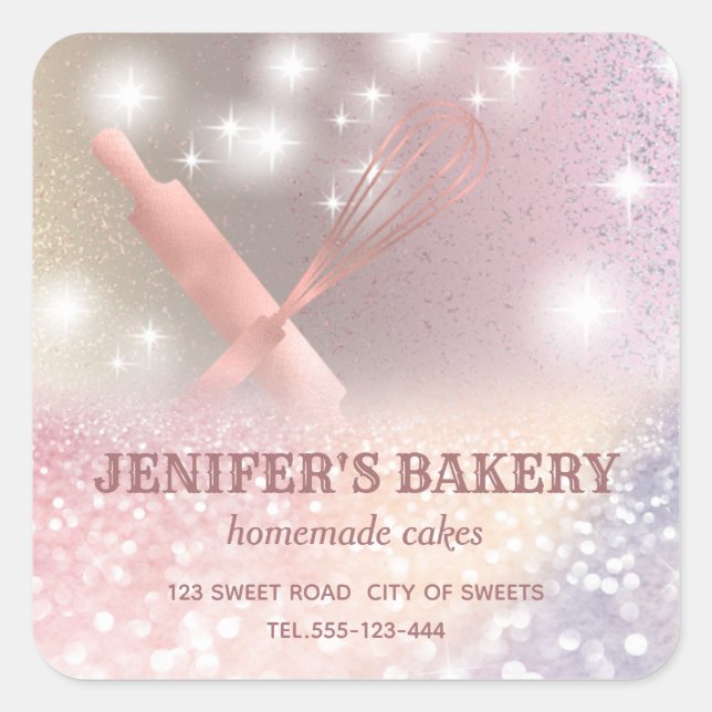 Glittery sparkle rolling pin & whisk chef bakery  square sticker (Front)