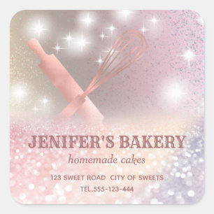 Glittery sparkle rolling pin & whisk chef bakery square sticker