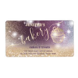 Glittery sparkling gold cupcake chef script bakery label