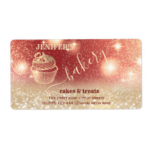 Glittery sparkling gold cupcake chef script bakery label
