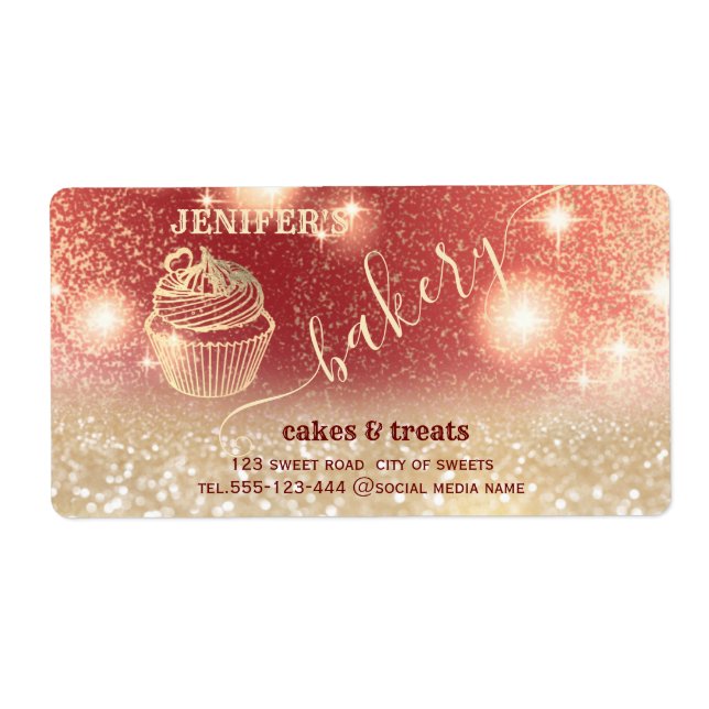 Glittery sparkling gold cupcake chef script bakery label (Front)