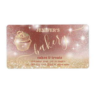 Glittery sparkling gold cupcake chef script bakery label