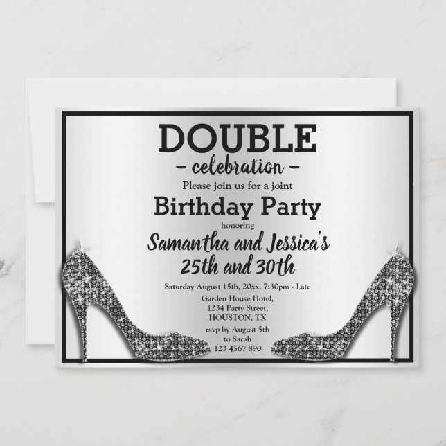 Glittery Sparkly Black Stilettos Double Birthday  Invitation (Front)