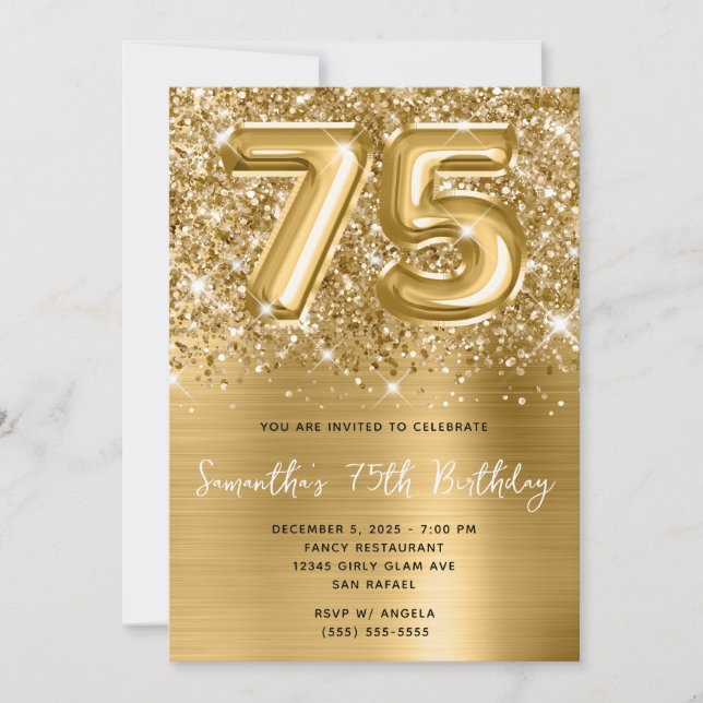 Glittery Sparkly Gold Balloon Glam 75th Birthday Invitation (Front)
