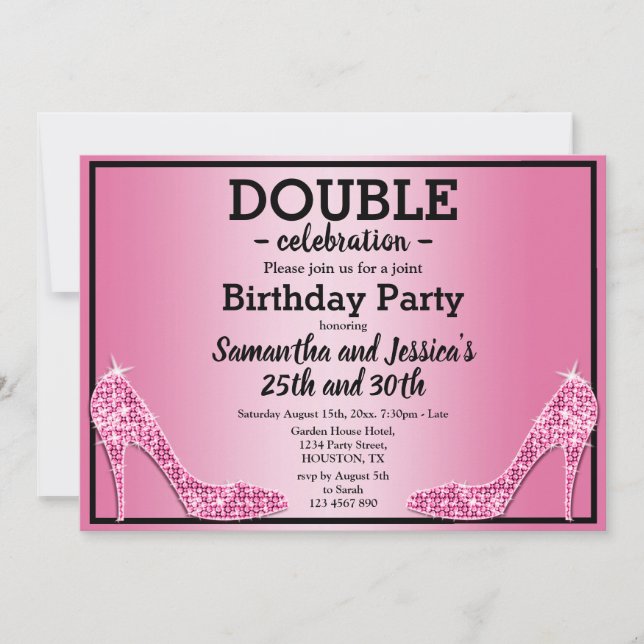 Glittery Sparkly Pink Stilettos Double Birthday  Invitation (Front)