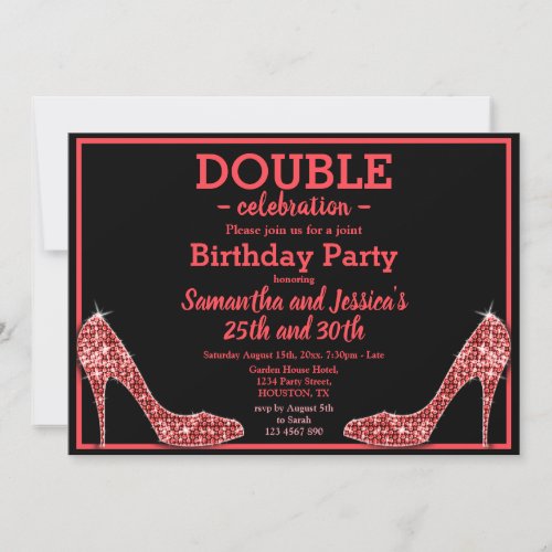 Glittery Sparkly Red Stilettos Double Birthday Invitation