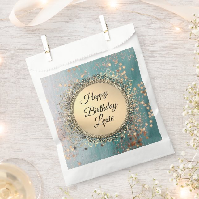 Glittery Stardust on Blue Birthday Personaized Favor Bag (Clipped)