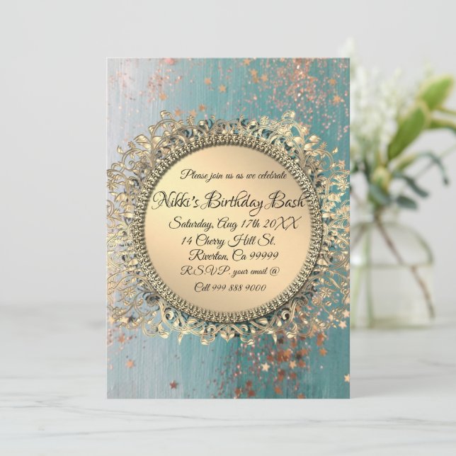 Glittery Stardust on Blue Personalized Birthday Invitation (Standing Front)