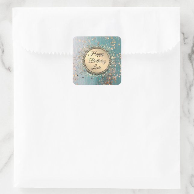 Glittery Stardust on Blue Personalized Birthday Square Sticker (Bag)