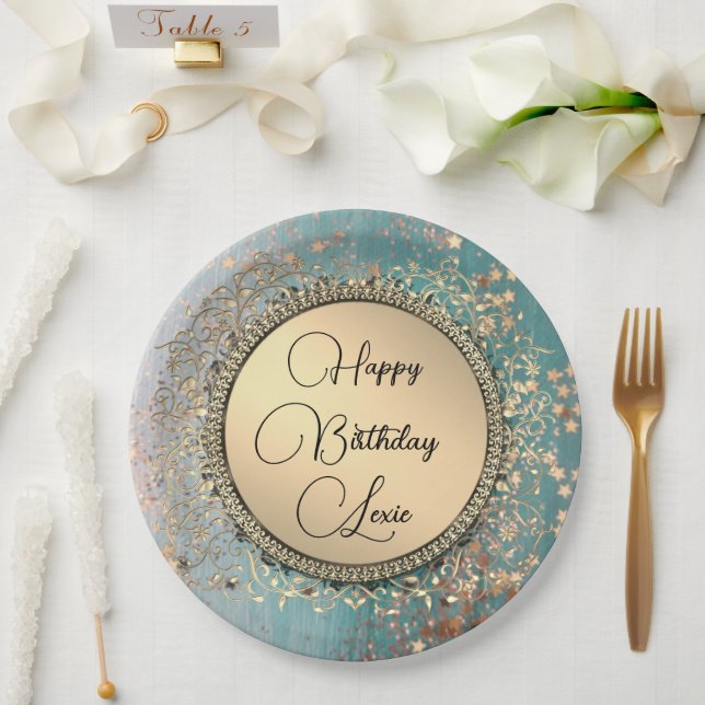 Glittery Stardust on Blue Teal Paper Plates (Wedding)