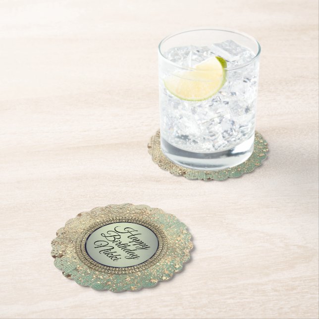 Glittery Stardust on Green  Personalized Birthday Paper Coaster (Insitu)