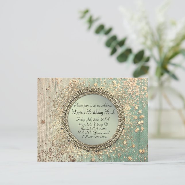 Glittery Stardust on Green  Personalized Birthday Postcard (Standing Front)