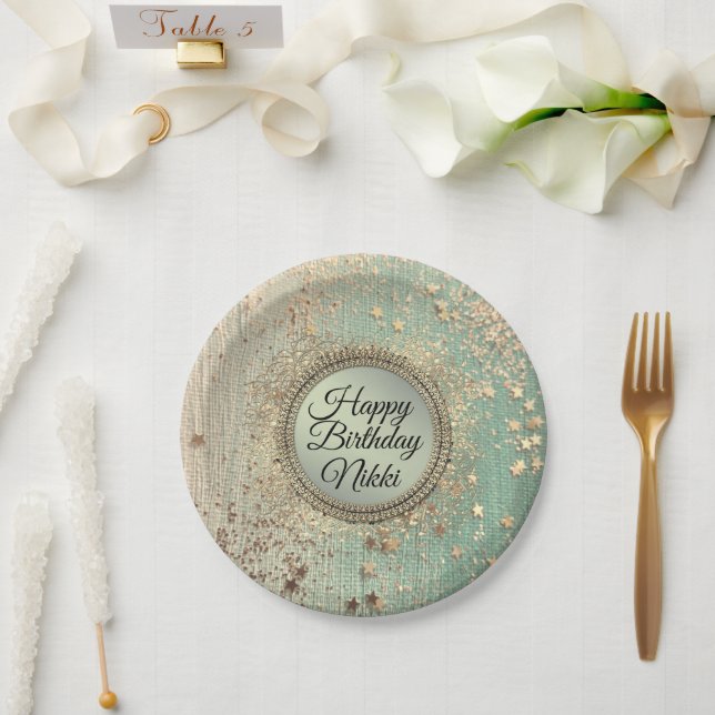 Glittery Stardust on Green Teal Birthday Custom Paper Plates (Wedding)