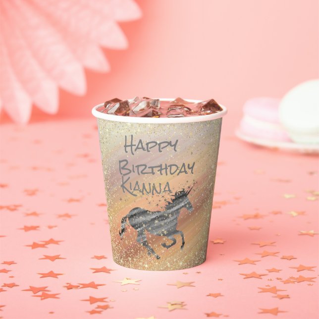 Glittery Starry Unicorn Birthday Personalized Paper Cups (Insitu)