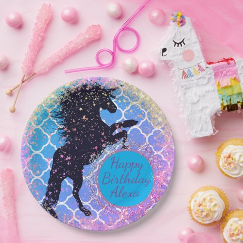 Glittery Starry Unicorn Personalized Birthday Paper Plates