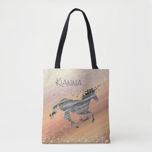 Glittery Starry Unicorn Whimsical Personalized Tote Bag (Front)