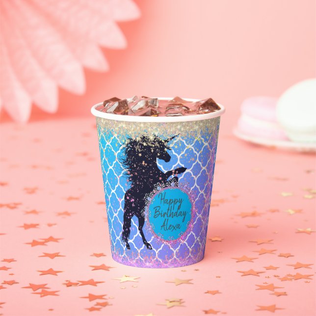 Glittery Starry Whimsical Unicorn Birthday Custom Paper Cups (Insitu)