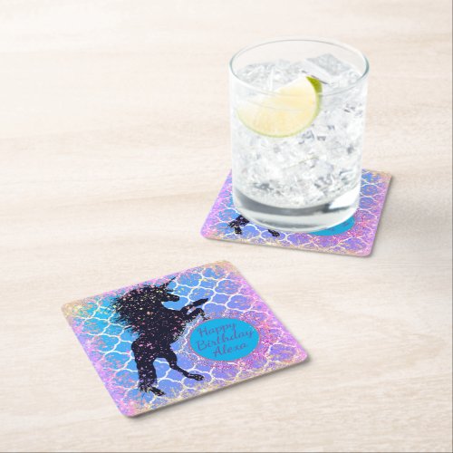 Glittery Starry Whimsical Unicorn Birthday Square Paper Coaster