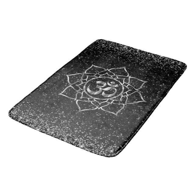 Glittery Stars OM Mandala on Black Bath Mat (Angled)