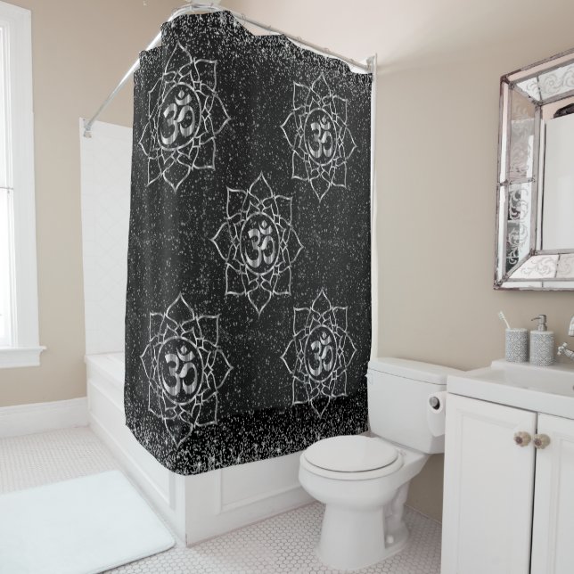 Glittery Stars OM Mandala on Black Shower Curtain (In Situ)