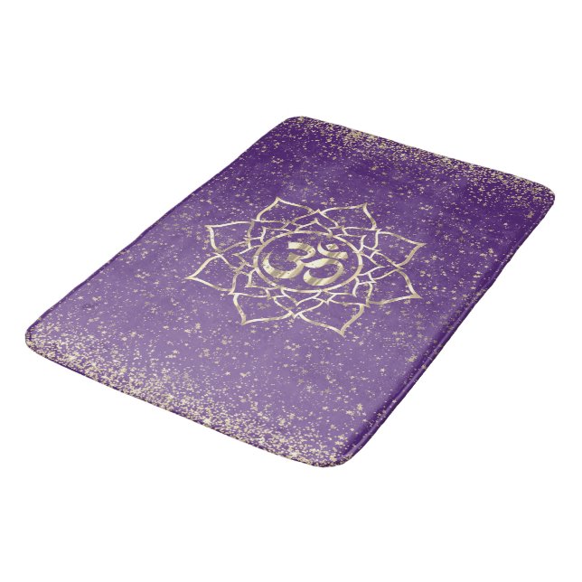 Glittery Stars Om Mandala on Purple Bath Mat (Angled)