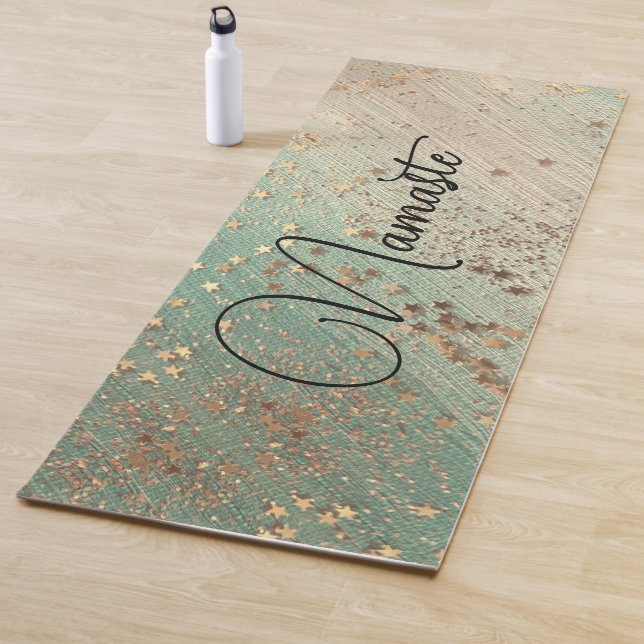  Glittery Stars on Sea Green Namaste Personalized Yoga Mat (In Situ)