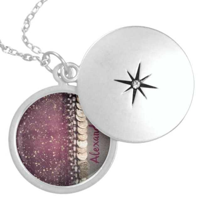 Glittery Stars Purple Gypsy Scarf     Locket Necklace (Front)