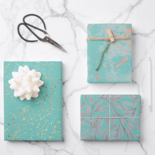 Glittery Stars Rose Gold Marble Silver Leaves Wrapping Paper Sheets