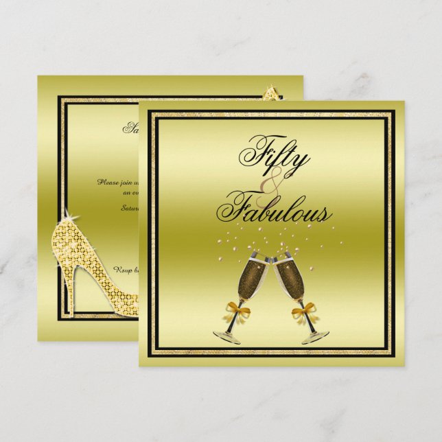 Glittery Stiletto, Champagne & Music Fabulous 50 Invitation (Front/Back)