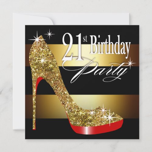 Glittery Stiletto Stripes 21st Birthday Party Invitation