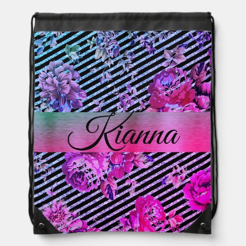 Glittery Striped Hot Pink and Teal Floral Custom Drawstring Bag