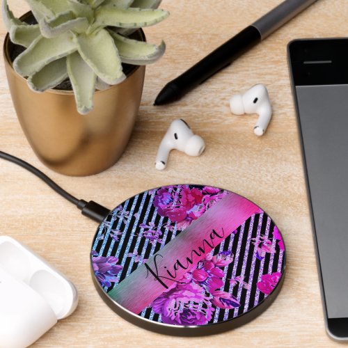 Glittery Striped Pink Teal Floral Wireless Charger