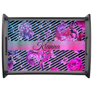 Glittery Stripes Hot Pink and Teal Floral Serving Tray