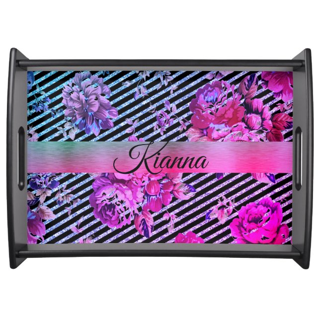 Glittery Stripes Hot Pink and Teal Floral   Serving Tray (Front)