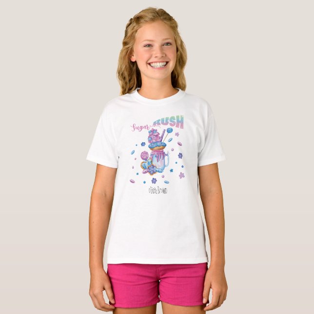 Glittery Sugar Rush Blue Cupcake Candy and name T-Shirt (Front Full)