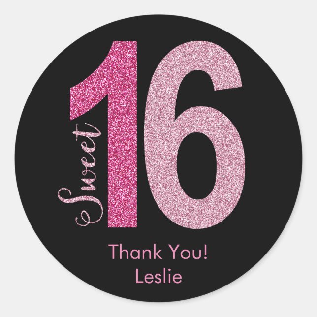 Glittery Sweet 16 Birthday Favor Stickers (Front)